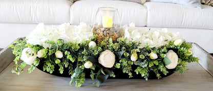 Farmhouse Table Centerpiece Dough Bowl Arrangement Faux Hydrangea Collection Artificial Flower Display Year Round Decoration Versatile Home Accent Rustic Wood Design Custom Stained Bowl Beautiful White Blooms Green Foliage Texture Elegant