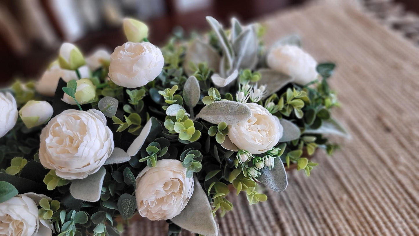 Farmhouse Table Centerpiece – Artificial Floral Arrangement in Wooden Dough Bowl