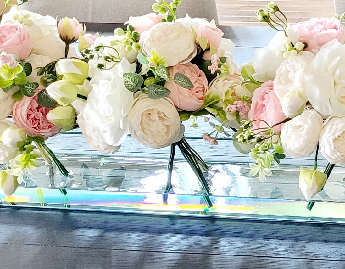 Silk Flower Arrangement Clear Glass Modern Dining Table Centerpiece Bridal Arrangement Long Rectangular Vase Real Touch Roses Flower Peony