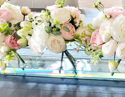 Silk Flower Arrangement Clear Glass Modern Dining Table Centerpiece Bridal Arrangement Long Rectangular Vase Real Touch Roses Flower Peony