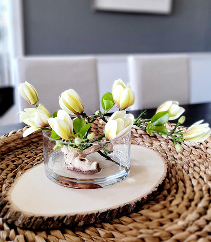 Artificial Orchid Arrangement Silk Flower Centerpiece Glass Vase Display Dining Table Focal Point Modern Home Styling Elegant Faux Orchid Driftwood Accent Realistic Silk Flowers Maintenance Free Centerpiece Contemporary Living Room Display