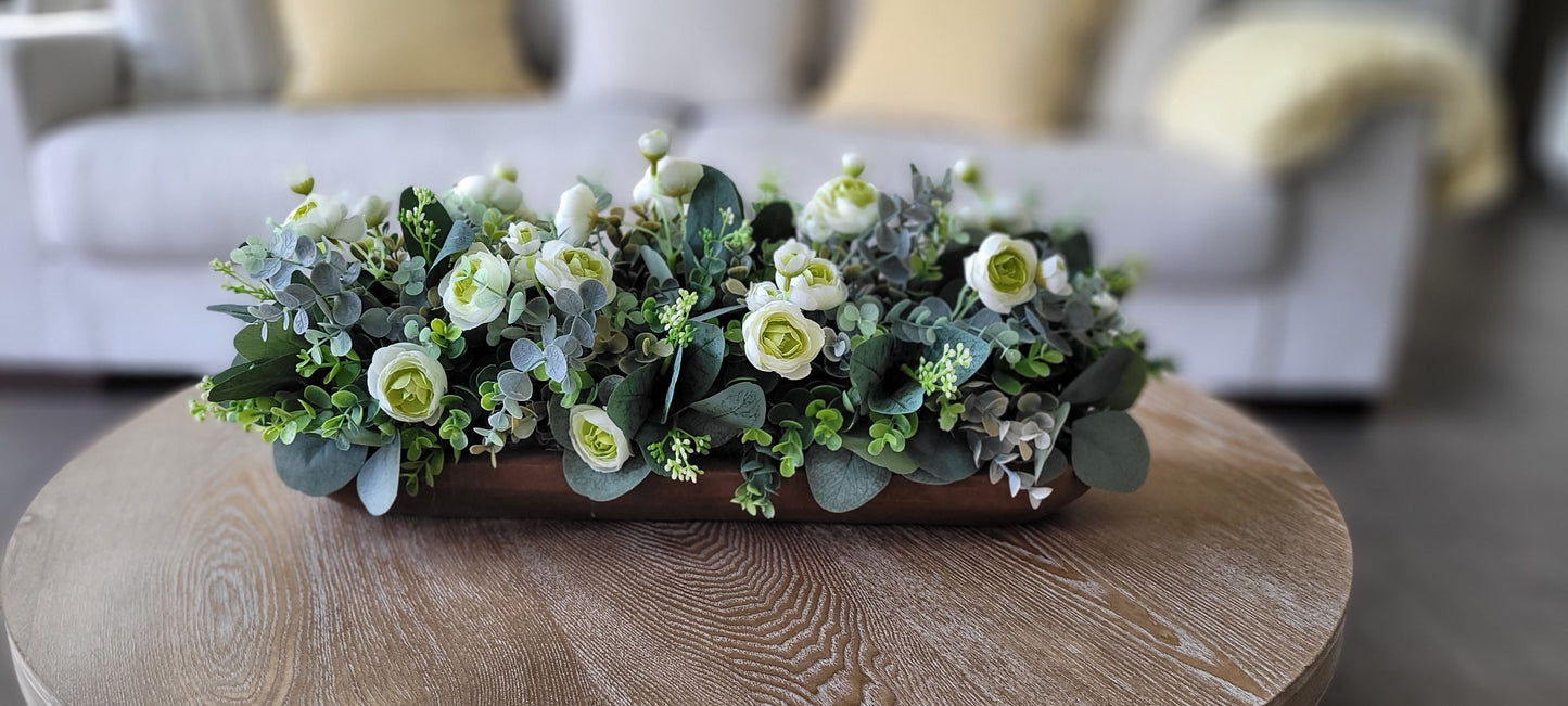 Farmhouse Centerpiece – Dough Bowl with Faux Ranunculus and Eucalyptus Rustic Dining Table Decor
