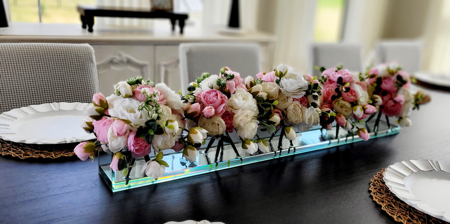 Silk Flower Centerpiece – Real Touch Roses & Peonies in Rectangular Glass Vase