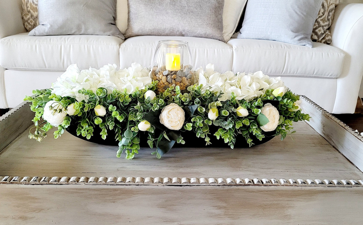 Wooden Dough Bowl Display Farmhouse Floral Collection Faux Hydrangea Arrangement Artificial Flower Centerpiece Dining Table Decoration Kitchen Island Display Mantle Accent Piece Year Round Home Styling Rustic Wood Design Custom Stained