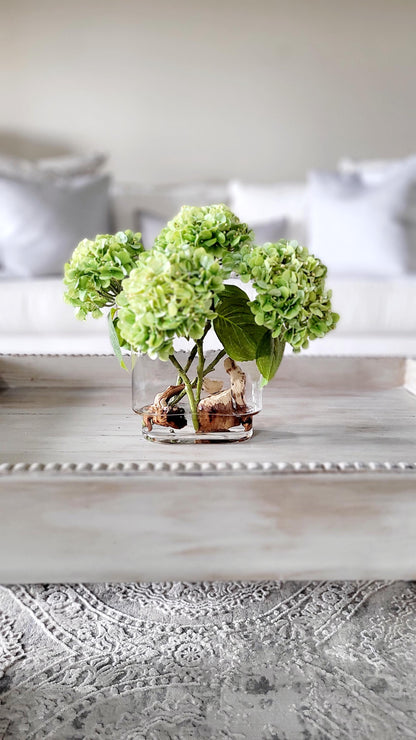 Glass Vase Arrangement Silk Hydrangea Display French Country Farmhouse Centerpiece Realistic Faux Flower Design Dining Table Styling Living Room Accent Maintenance Free Permanent Floral Real Feel Texture Quality Resin Water Natural