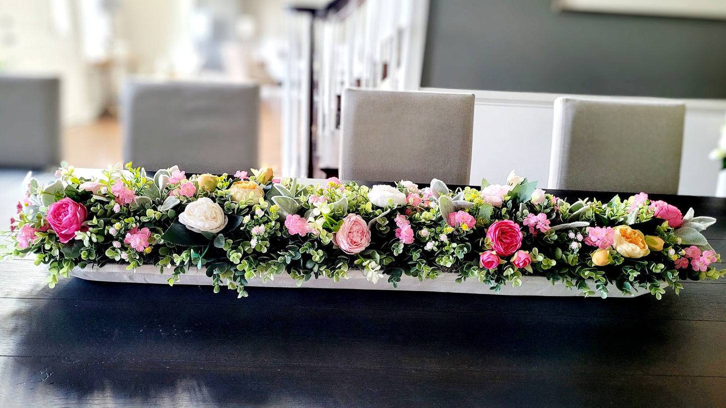 Dough Bowl Centerpiece – Handcarved Whitewash Silk Peony Farmhouse Arrangement
