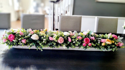 Dough Bowl Centerpiece – Handcarved Whitewash Silk Peony Farmhouse Arrangement