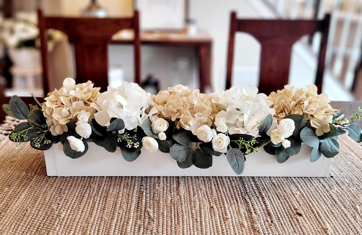 Elegant Floral Design Artificial Hydrangea Rose Arrangement Custom Wooden Box Display Realistic Silk Flowers Eucalyptus Greenery Classic Home Decor Sophisticated Table Centerpiece Timeless Aesthetic Appeal Neutral Color Palette Versatile