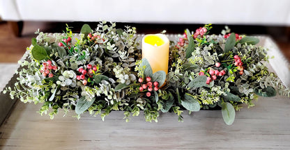 Dough Bowl Centerpiece  Greenery Arrangement Farmhouse Arrangement Candle Centerpiece Country Decor Holiday Arrangement Decor Berry decor