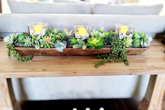 Faux Succulent Centerpiece Wooden Bowl Arrangement Long Table Design Artificial Plants Realistic Appearance Maintenance Free Stylish Modern Botanical Display Perfect Dining Table Coffee Table Entryway Console Office Decor Beautiful Home