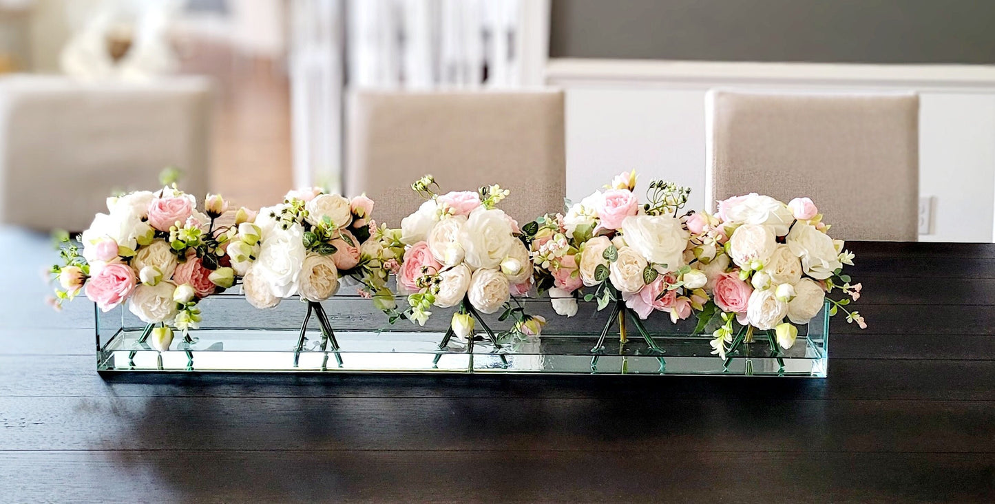 Silk Flower Arrangement Clear Glass Modern Dining Table Centerpiece Bridal Arrangement Long Rectangular Vase Real Touch Roses Flower Peony
