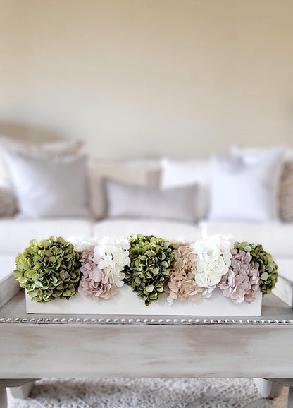 Dining table arrangement hydrangea floral centerpiece coffee table decor sage green flower decor wedding arrangement bridal flower wood box