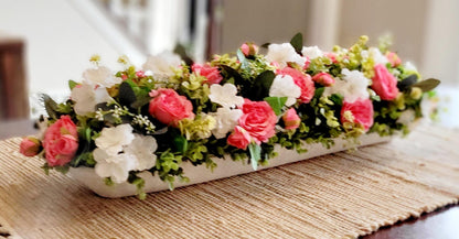Silk Faux Roses Artificial Floral Arrangement Wooden Dough Bowl Container Pink White Flower Display High Quality Materials Elegant Centerpiece Design Long Narrow Shape Perfect Table Decor Beautiful Home Accent Realistic Looking Blooms