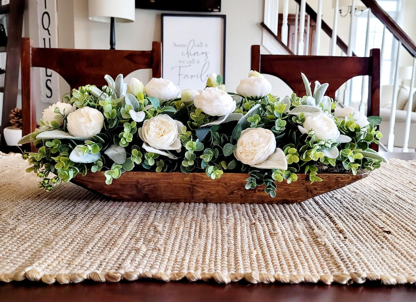 Farmhouse Table Centerpiece – Artificial Floral Arrangement in Wooden Dough Bowl