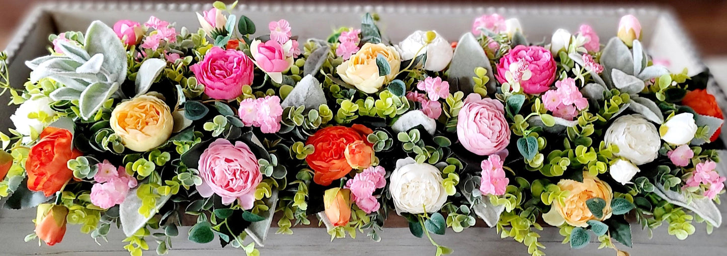 Faux Peony Centerpiece – Spring Floral Arrangement in Wooden Dough Bowl