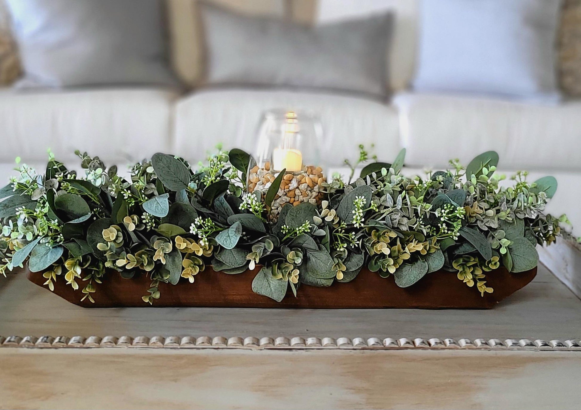 Hand Carved Dough Bowl Custom Painted Wood Centerpiece Faux Eucalyptus Arrangement Artificial Greenery Display Rustic Farmhouse Style Accent Traditional Home Decoration Coffee Table Feature Dining Room Styling Kitchen Island Accent Living
