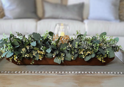 Hand Carved Dough Bowl Custom Painted Wood Centerpiece Faux Eucalyptus Arrangement Artificial Greenery Display Rustic Farmhouse Style Accent Traditional Home Decoration Coffee Table Feature Dining Room Styling Kitchen Island Accent Living
