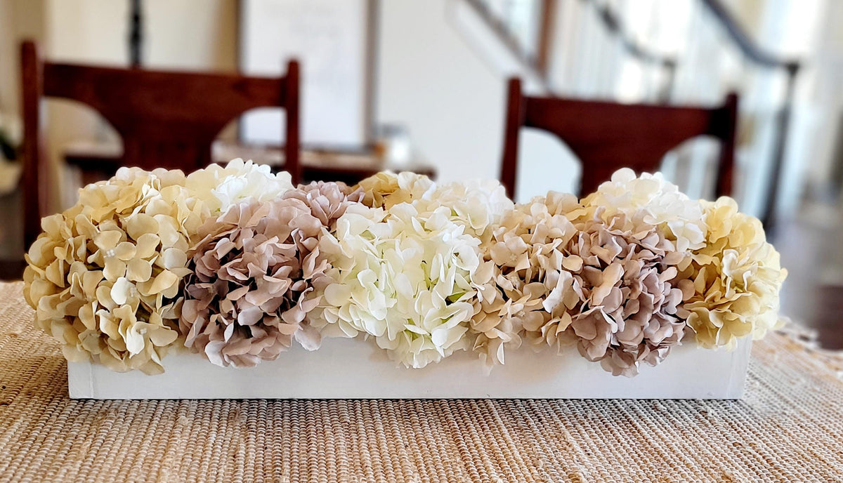 Dining Table Centerpiece – White Hydrangea Floral Arrangement in Farmhouse Box