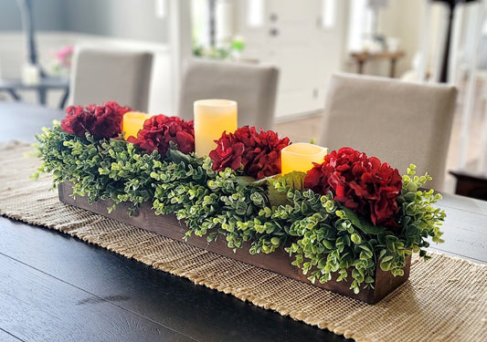 Fall Table Decoration Fall Centerpiece Fall Faux Flower Arrangement Farmhouse Mantle Fall Decor Burgundy Hydrangea Long Wood Box Autumn Deco