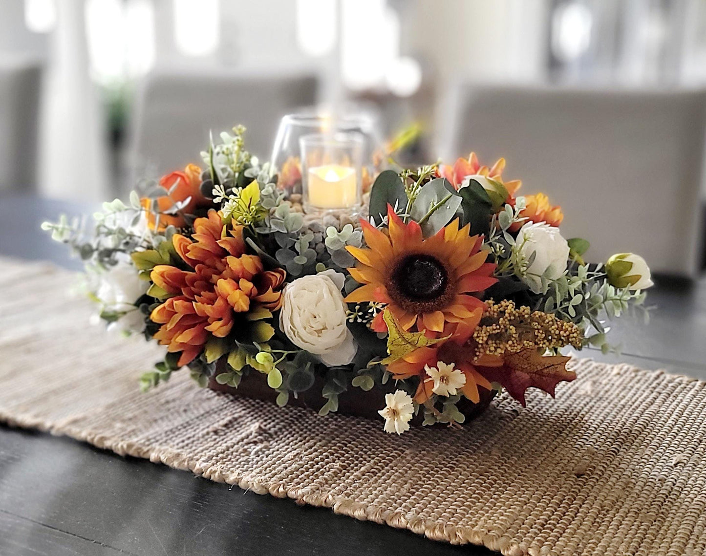 Fall table arrangement fall arrangement dough bowl fall kitchen decor farmhouse arrangement fall candle fall pumpkin sunflower arrangement