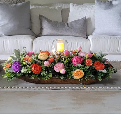 Silk Flower Centerpiece – Bright Peony Dough Bowl for Coffee Table
