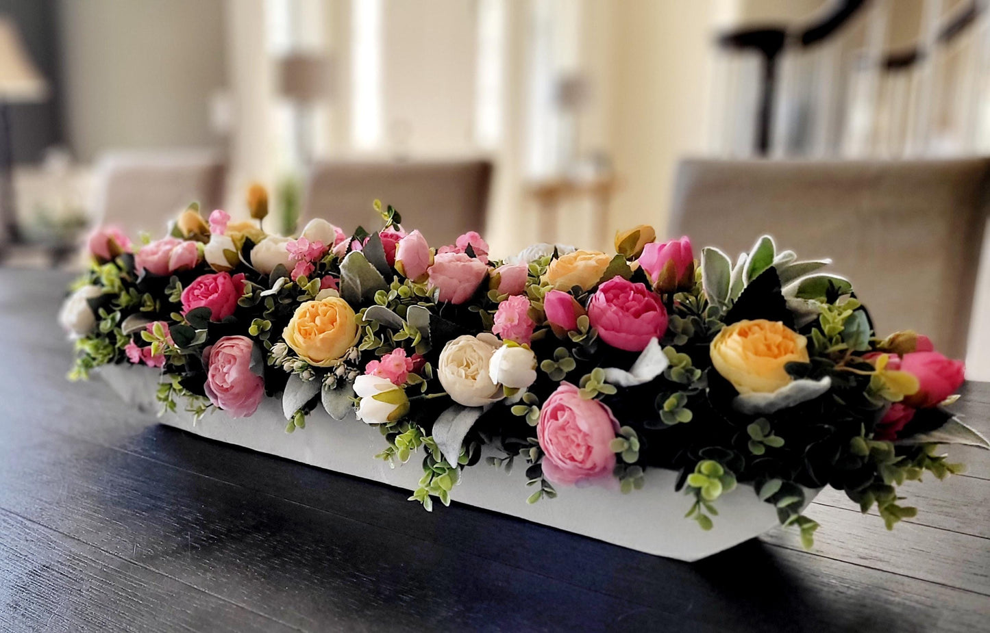 Dough Bowl Centerpiece – Silk Peony Floral Arrangement for Farmhouse Mantle Decor