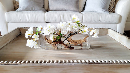 Dining Table Centerpiece – Modern White Orchid with Driftwood in Glass Vase