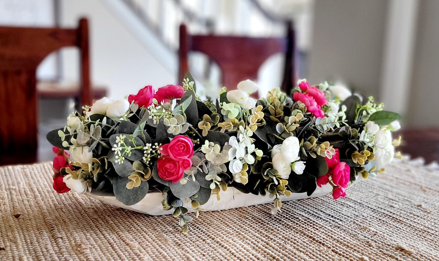 Dough Bowl Dining Table Arrangement Rose arrangement kitchen table decor Farmhouse Arrangement greenery arrangement Pink Floral Arrangement
