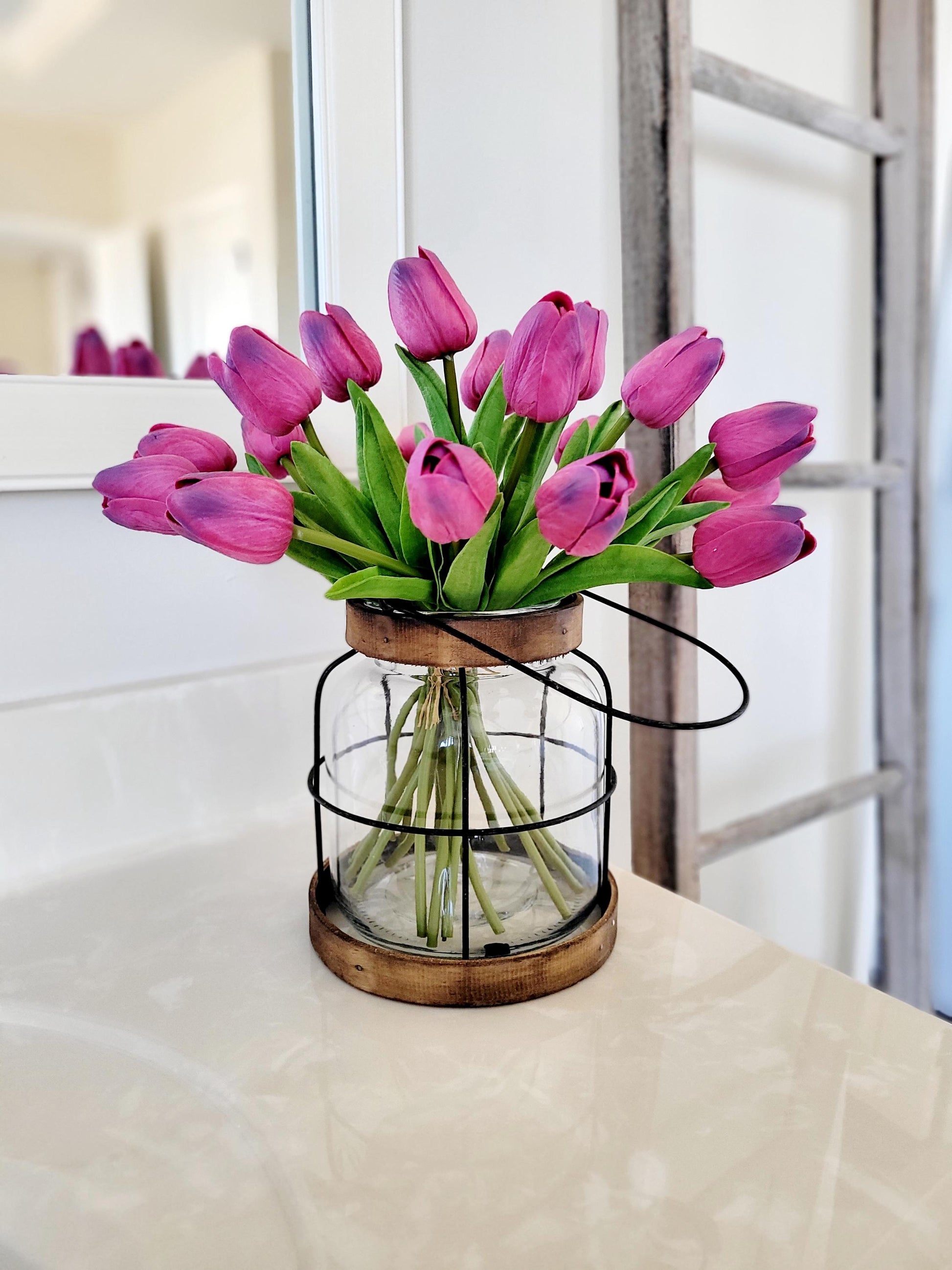 Easter Decoration Tulip Centerpiece Spring Table Display Farmhouse Style Arrangement Lantern Floral Design Silk Faux Flowers Artificial Greenery Glass Vase Realistic Tulip Blooms Dining Table Accent Holiday Celebration Decor Fresh Vibrant