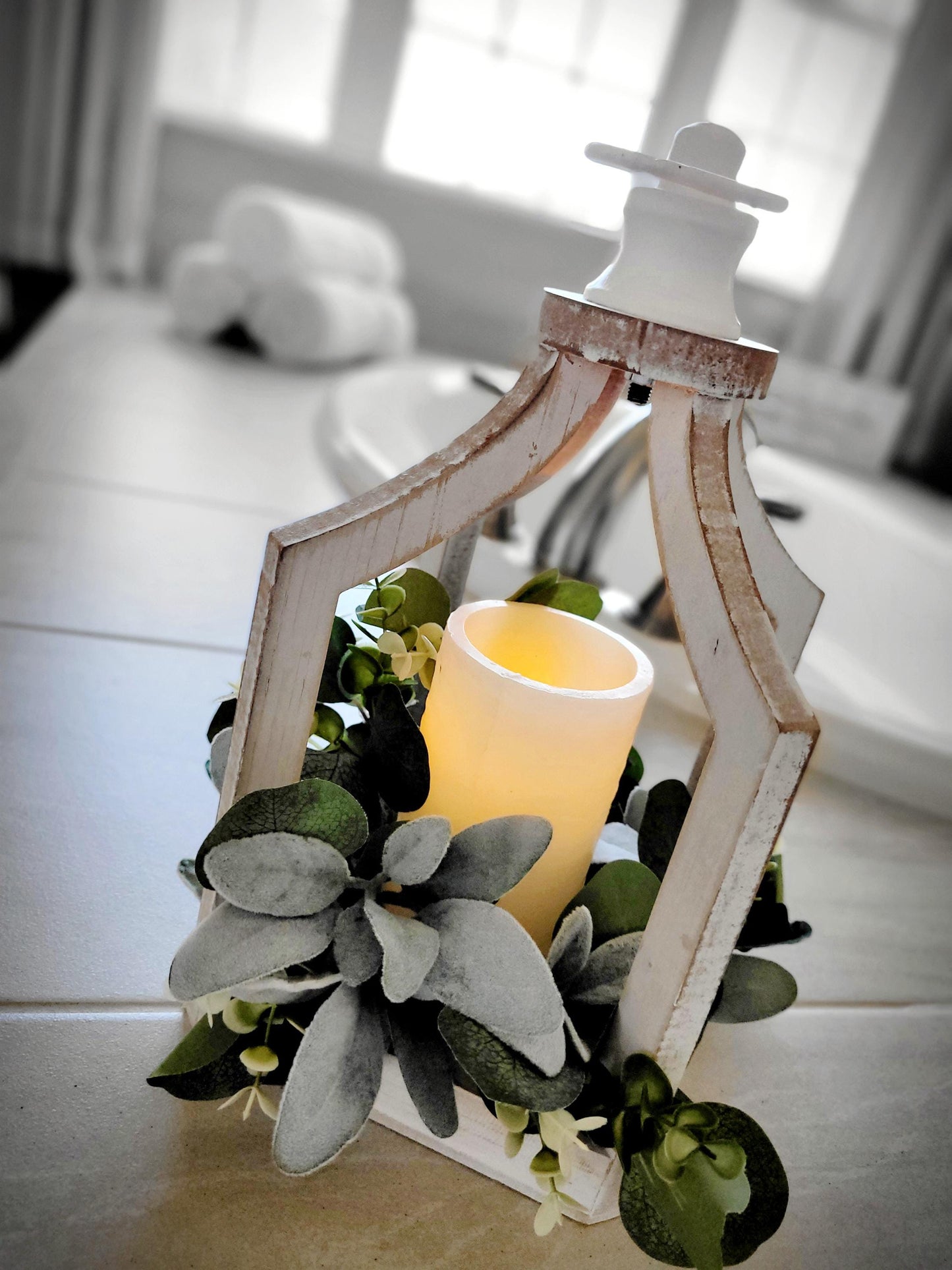 Farmhouse Lantern Rustic Lantern Farmhouse Table Decor Candle Decoration Spring Wreath Lambs Ear Arrangement Coffee table gift new Home gift