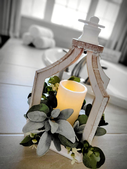 Farmhouse Lantern Rustic Lantern Farmhouse Table Decor Candle Decoration Spring Wreath Lambs Ear Arrangement Coffee table gift new Home gift