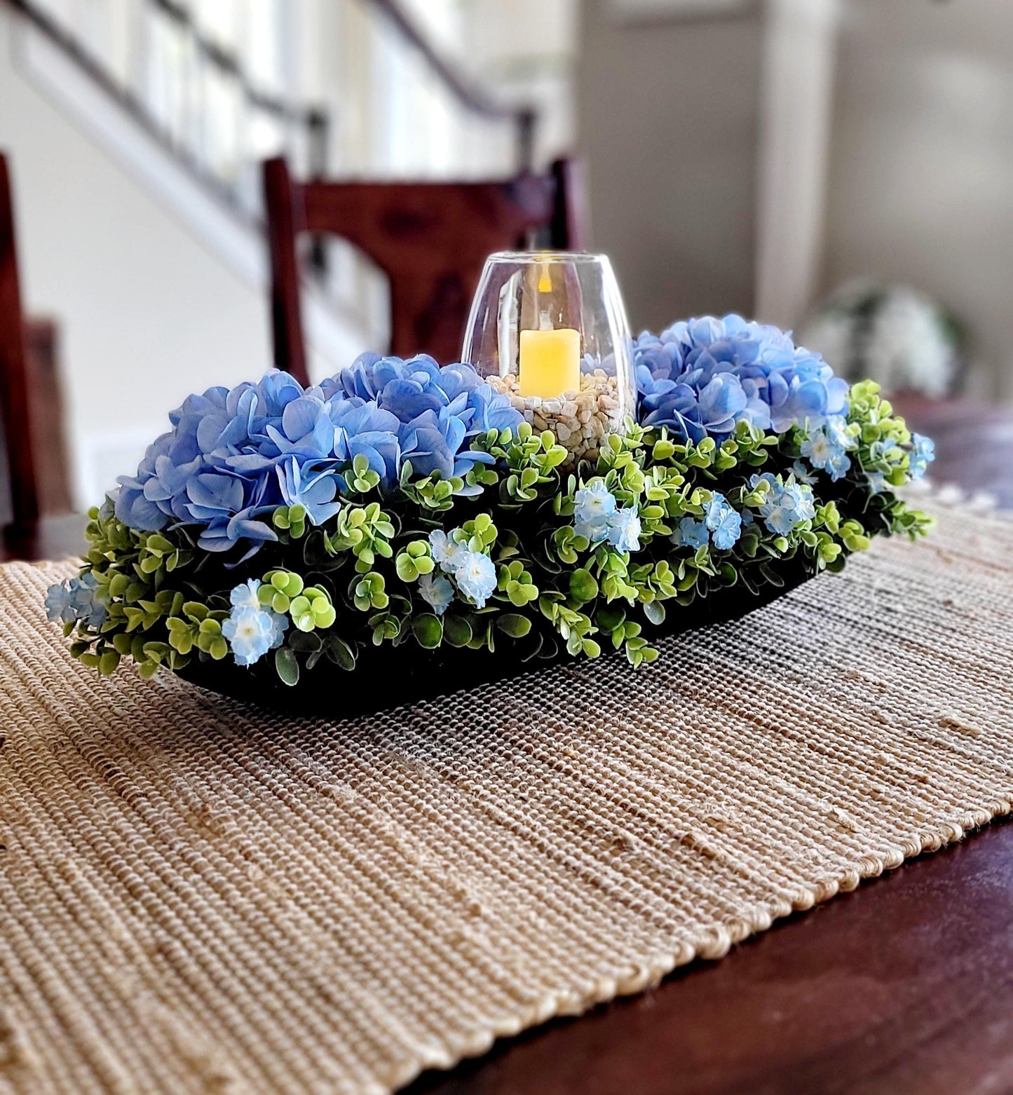 Candle Centerpiece Candle Arrangement Farmhouse Decor Blue Hydrangea Arrangement Greenery Arrangement Rustic Table Decor Dining table