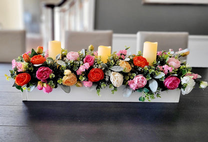 Spring Table Centerpiece – Artificial Peony Arrangement with Battery Candles in Wood Box