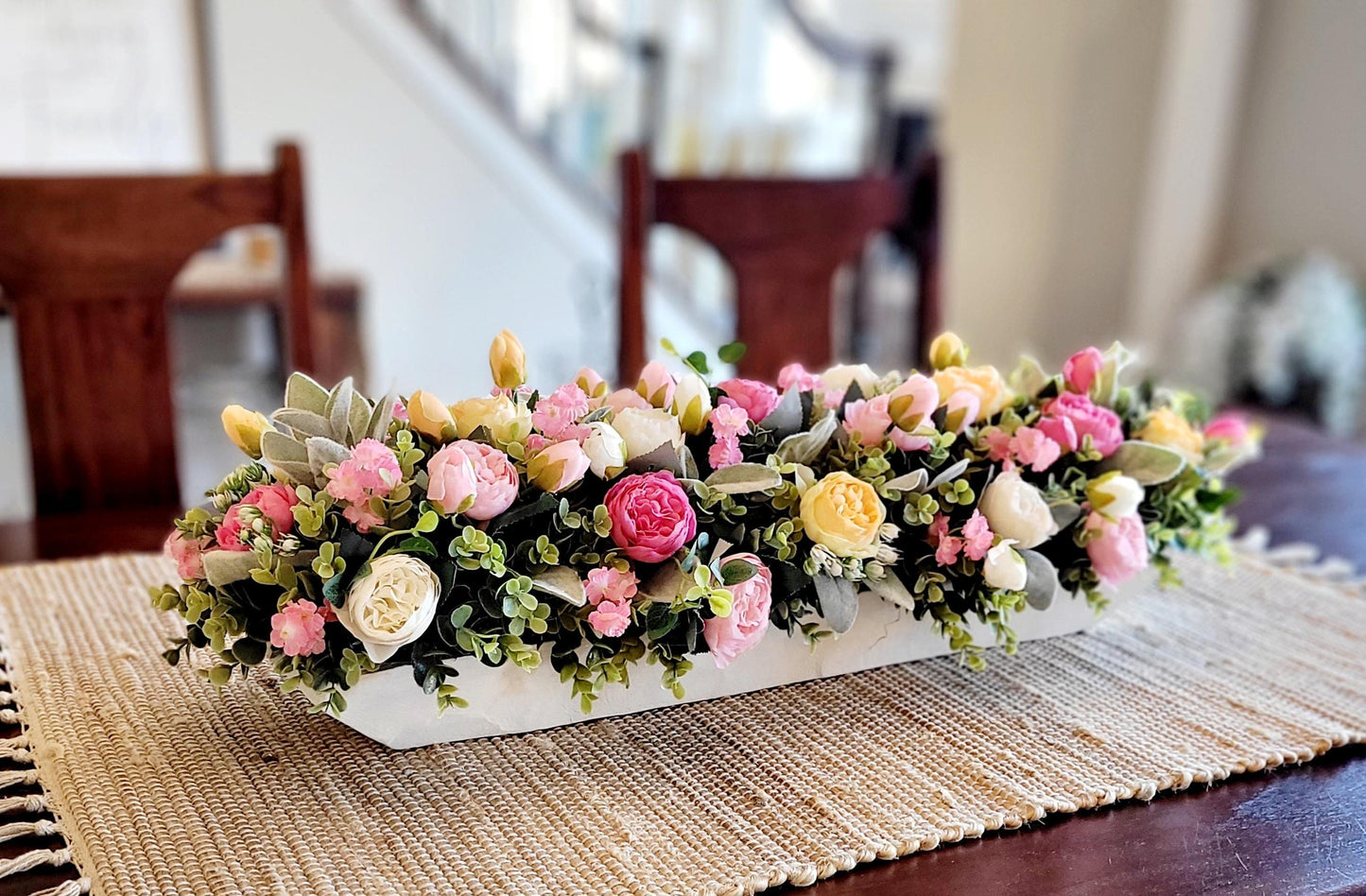 Dough Bowl Centerpiece – Silk Peony Floral Arrangement for Farmhouse Mantle Decor