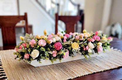 Dough Bowl Centerpiece – Silk Peony Floral Arrangement for Farmhouse Mantle Decor