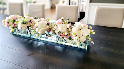 Silk Flower Arrangement Clear Glass Modern Dining Table Centerpiece Bridal Arrangement Long Rectangular Vase Real Touch Roses Flower Peony