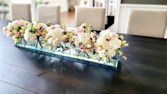 Silk Flower Arrangement Clear Glass Modern Dining Table Centerpiece Bridal Arrangement Long Rectangular Vase Real Touch Roses Flower Peony