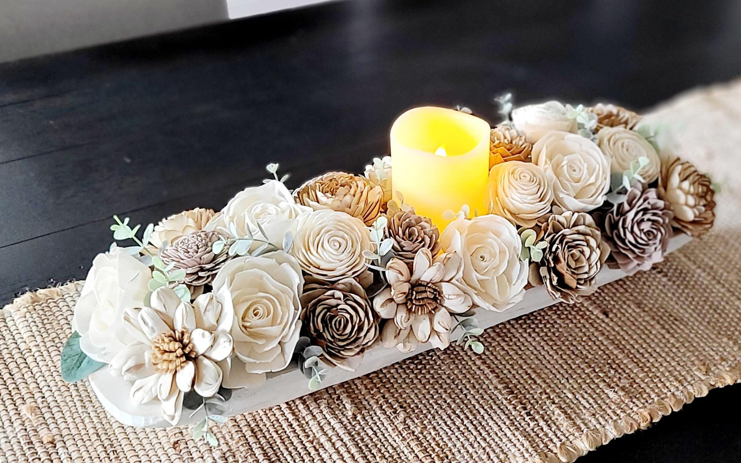 Wood Flowers Arrangement Sympathy Arrangement Wood Faux Wood Floral Bridal wood Flowers boho bouquet dough bowl arrangement dining table