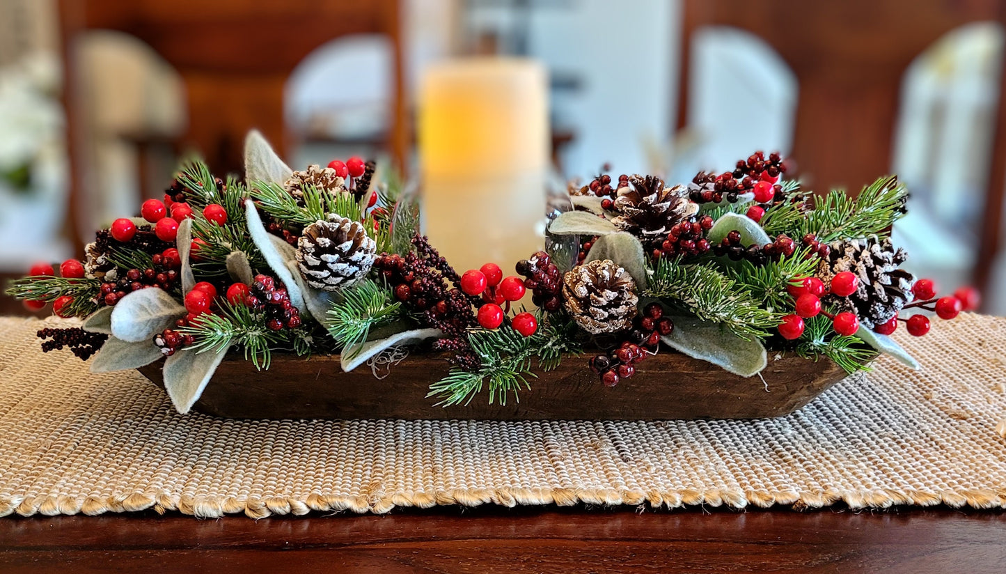Christmas Centerpiece Dining Table Centerpiece Gift Centerpiece Hand Carved Dough Bowl Winter Floral Arrangement For Table Christmas Decor