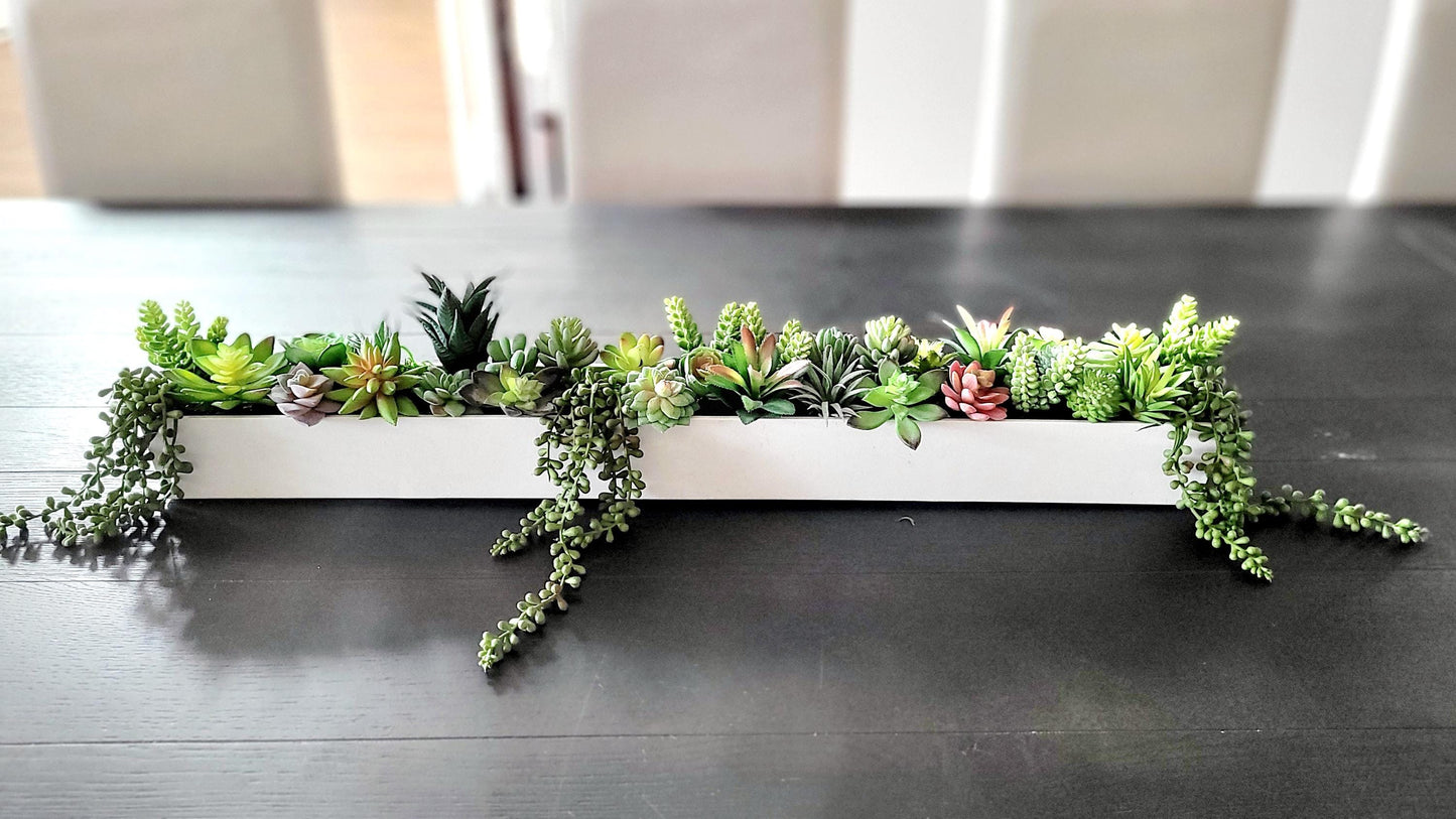 Narrow Succulent Display Faux Plant Arrangement Modern Table Centerpiece Long Box Design Contemporary Home Accent Artificial Greenery Collection Perfect Dining Decoration Maintenance Free Plants Realistic Looking Succulents Elegant Indoor
