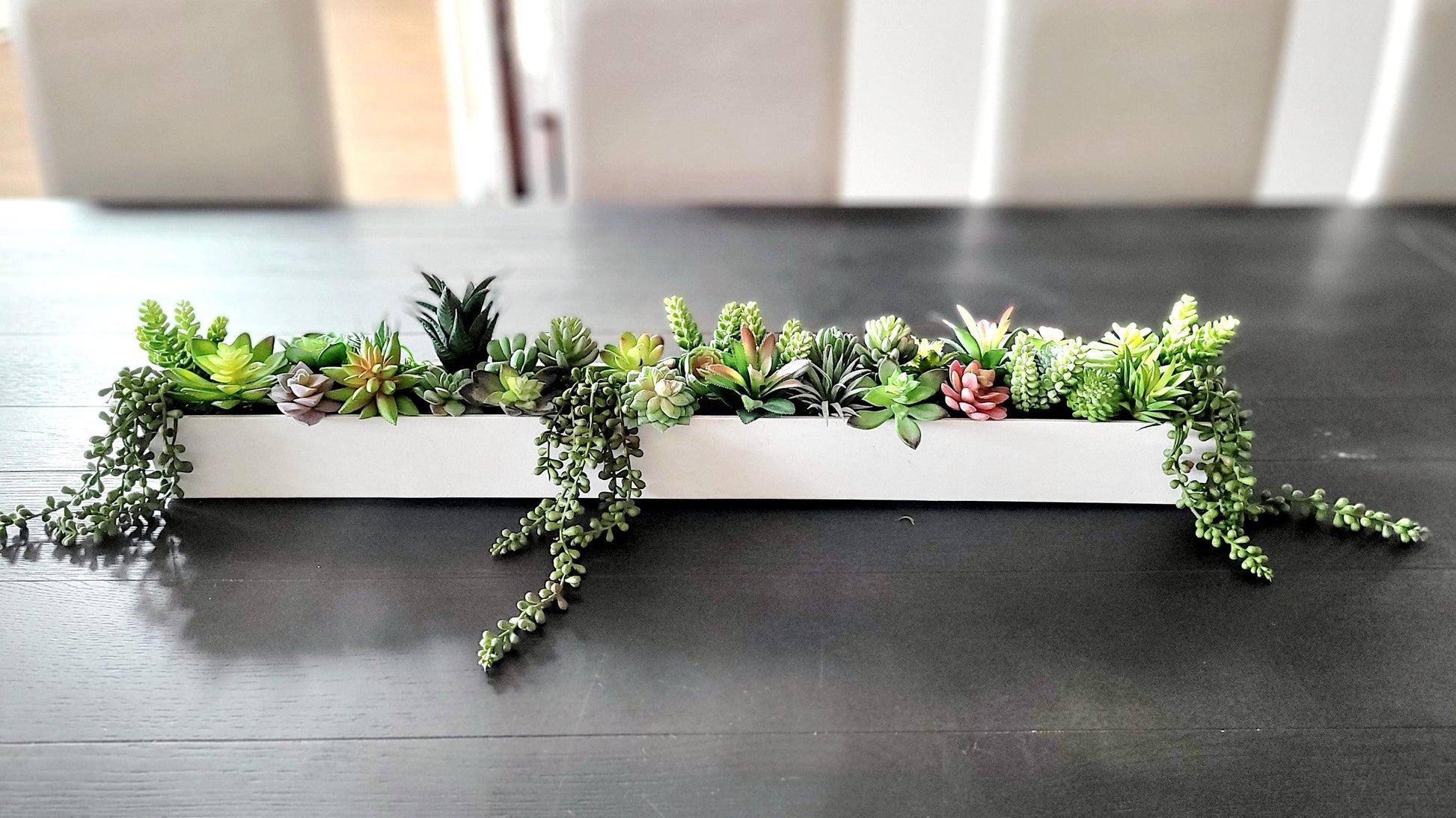 Narrow Succulent Display Faux Plant Arrangement Modern Table Centerpiece Long Box Design Contemporary Home Accent Artificial Greenery Collection Perfect Dining Decoration Maintenance Free Plants Realistic Looking Succulents Elegant Indoor