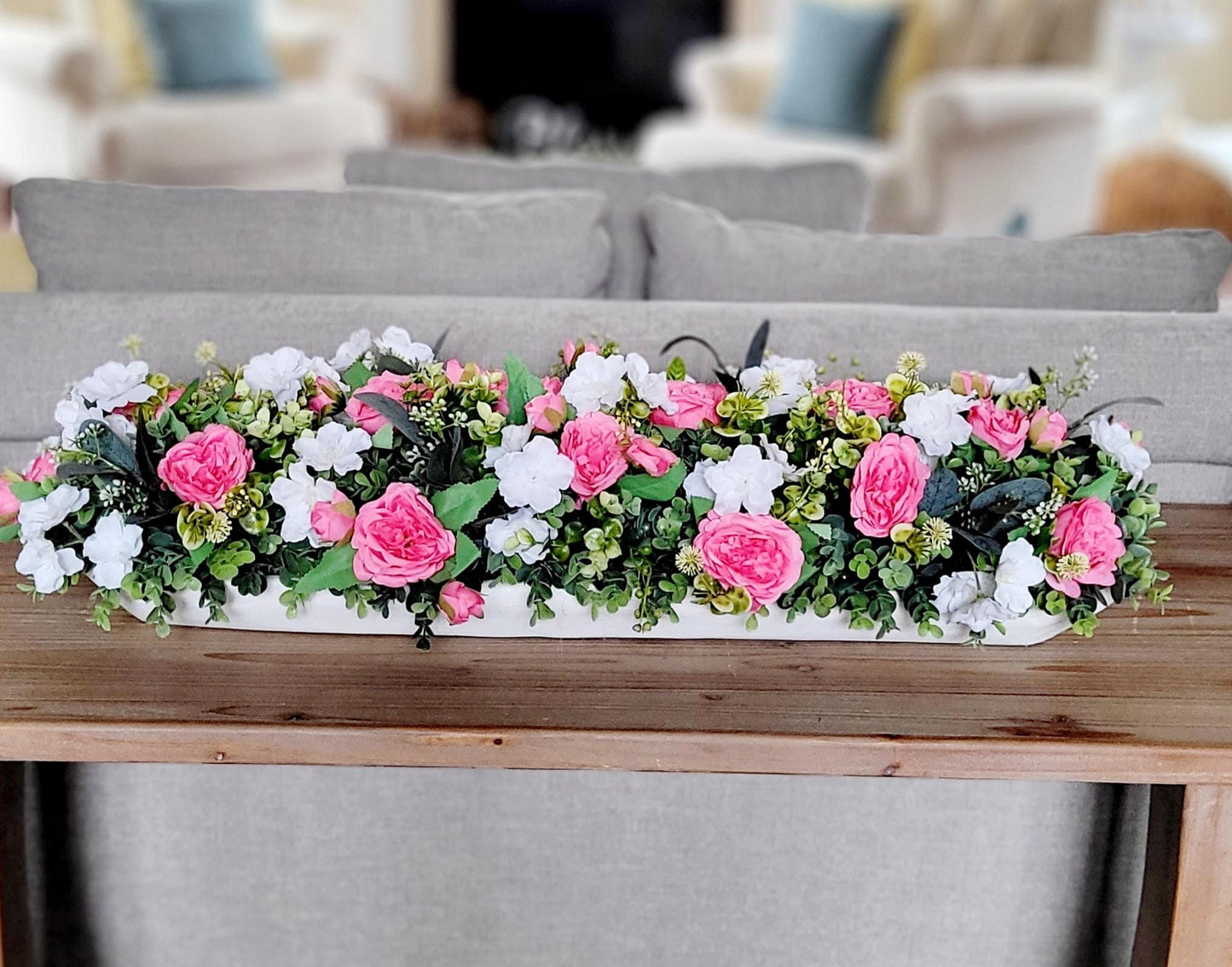Pink White Rose Arrangement Wooden Dough Bowl Mantle Decor Elegant Floral Display Artificial Silk Flowers Long Narrow Design Beautiful Home Accent Realistic Looking Roses Maintenance Free Decoration Perfect Fireplace Display Farmhouse Style