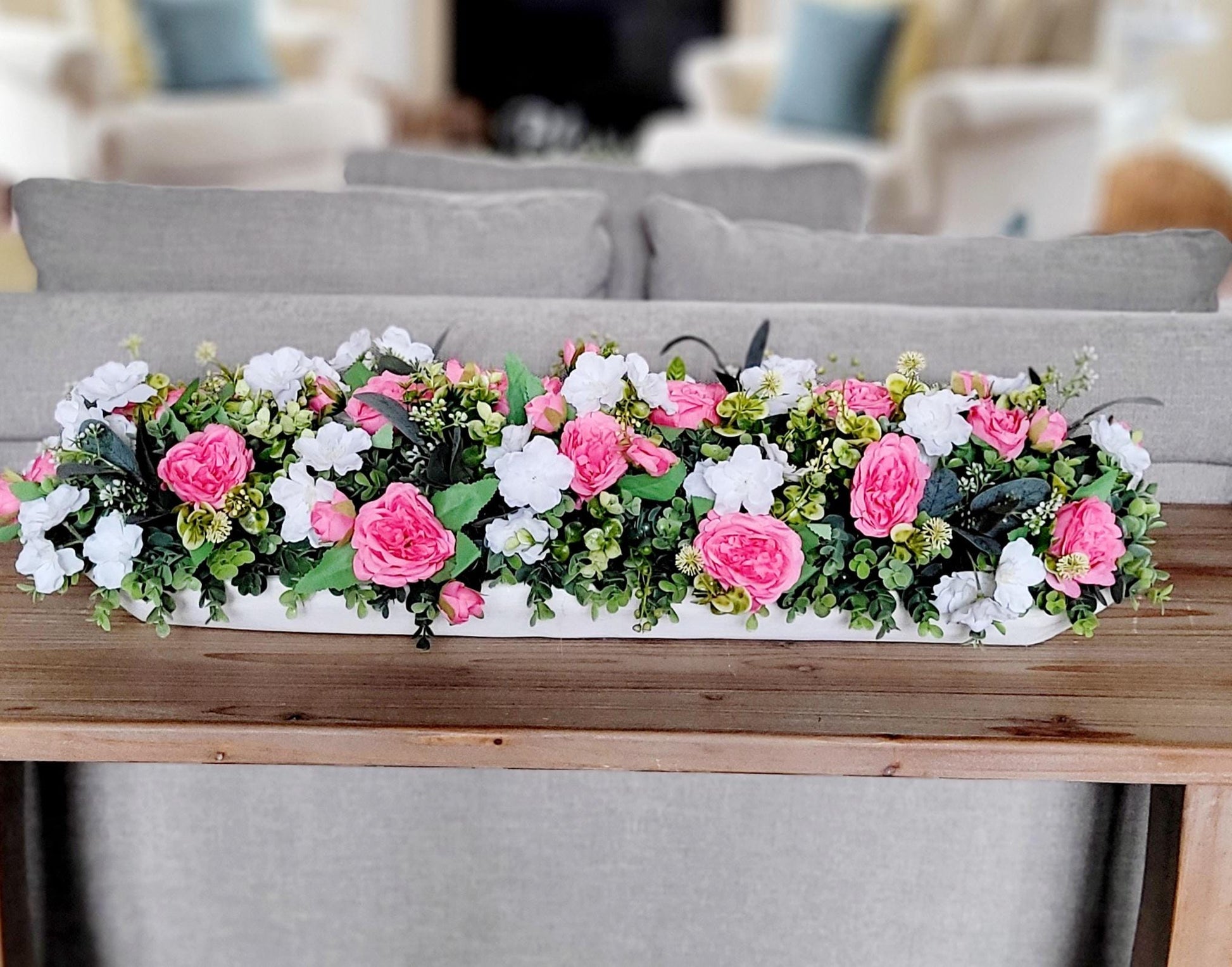 Pink White Rose Arrangement Wooden Dough Bowl Mantle Decor Elegant Floral Display Artificial Silk Flowers Long Narrow Design Beautiful Home Accent Realistic Looking Roses Maintenance Free Decoration Perfect Fireplace Display Farmhouse Style