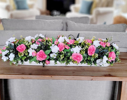 Pink White Rose Arrangement Wooden Dough Bowl Mantle Decor Elegant Floral Display Artificial Silk Flowers Long Narrow Design Beautiful Home Accent Realistic Looking Roses Maintenance Free Decoration Perfect Fireplace Display Farmhouse Style
