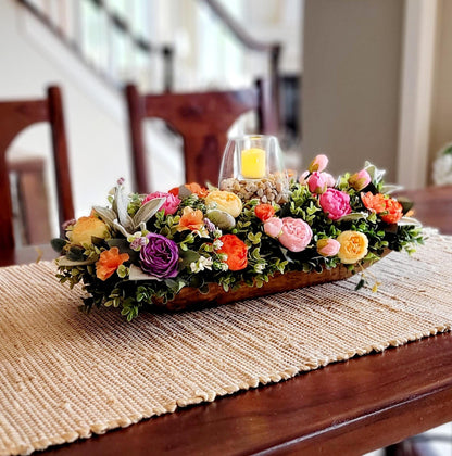 Silk Flower Centerpiece – Bright Peony Dough Bowl for Coffee Table