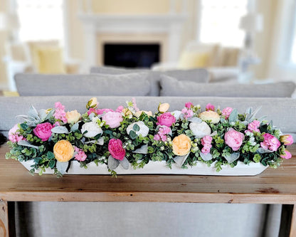Dough Bowl Long Dining Table Arrangement Narrow Mantle Decor Peony Dough Bowl Farmhouse Arrangement Kitchen Table Decor Large Island Decor