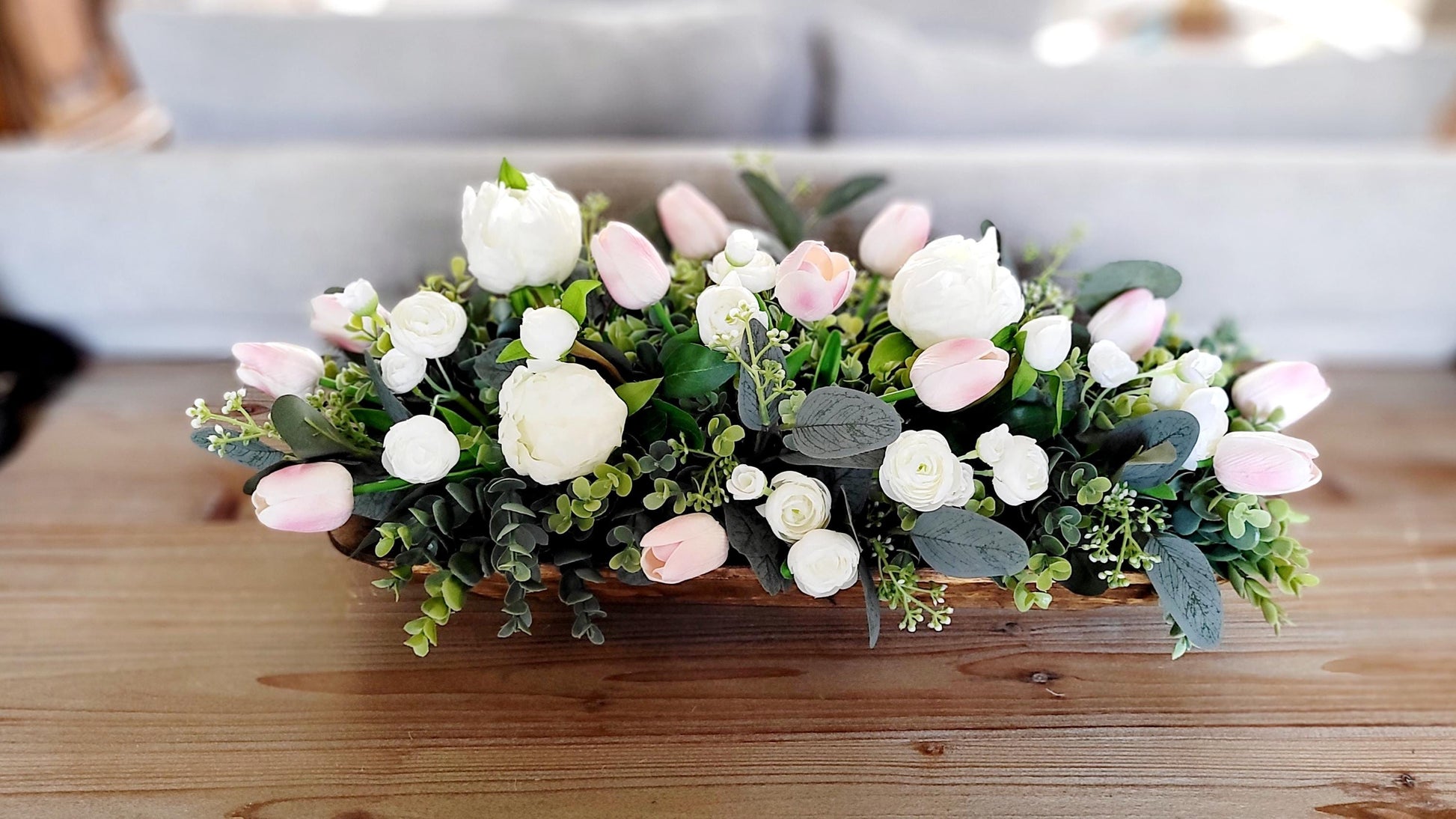 Handcrafted Floral Centerpiece Spring Tulip Arrangement Wooden Dough Bowl Natural Wood Container Realistic Silk Flowers Beautiful Table Decoration Farmhouse Style Design Easter Home Accent Vibrant Spring Colors Maintenance Free Display