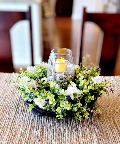 Lighted Dough Bowl Farmhouse Centerpiece Kitchen Table Decoration Rustic Home Decor Handcrafted Arrangement Country Style Accent Modern Farmhouse Design Round Table Display Creates Warm Ambiance Elegant Decorative Piece Premium Quality
