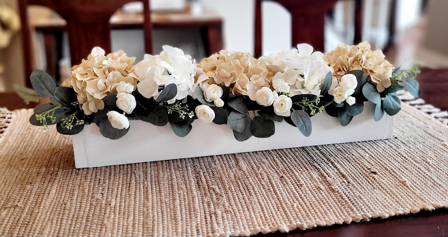 Handcrafted Wooden Box Artificial Flower Display Silk Hydrangea Roses Realistic Faux Arrangement Premium Quality Materials Custom Built Container Elegant Floral Centerpiece Eucalyptus Greenery Accent Detailed Craftsmanship Lifelike