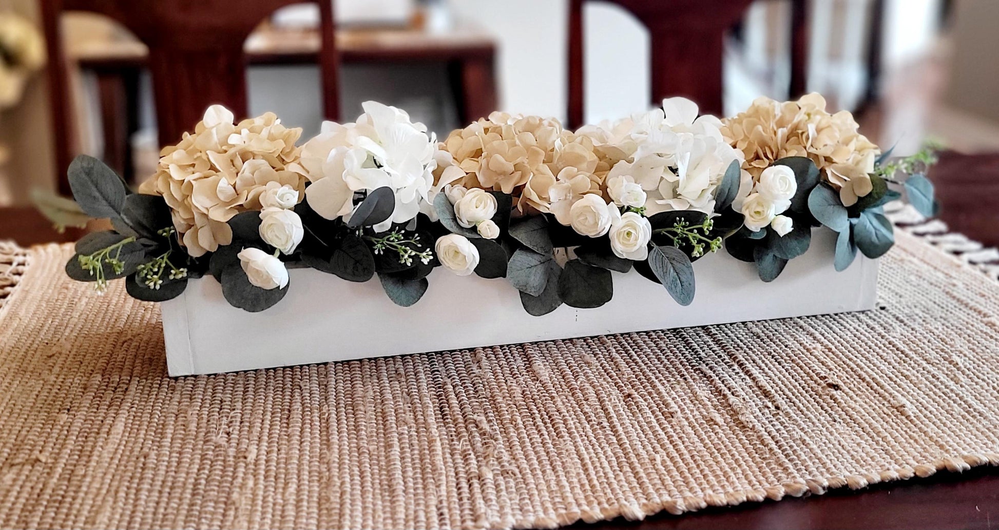 Handcrafted Wooden Box Artificial Flower Display Silk Hydrangea Roses Realistic Faux Arrangement Premium Quality Materials Custom Built Container Elegant Floral Centerpiece Eucalyptus Greenery Accent Detailed Craftsmanship Lifelike